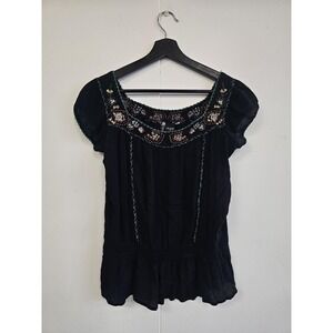 Passport Tunic Blouse Womens Small Black Embroidered Floral Boho Peasant Top